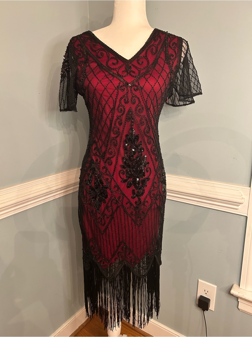 Red Midi Dress with Black Beaded Overlay and Fringe